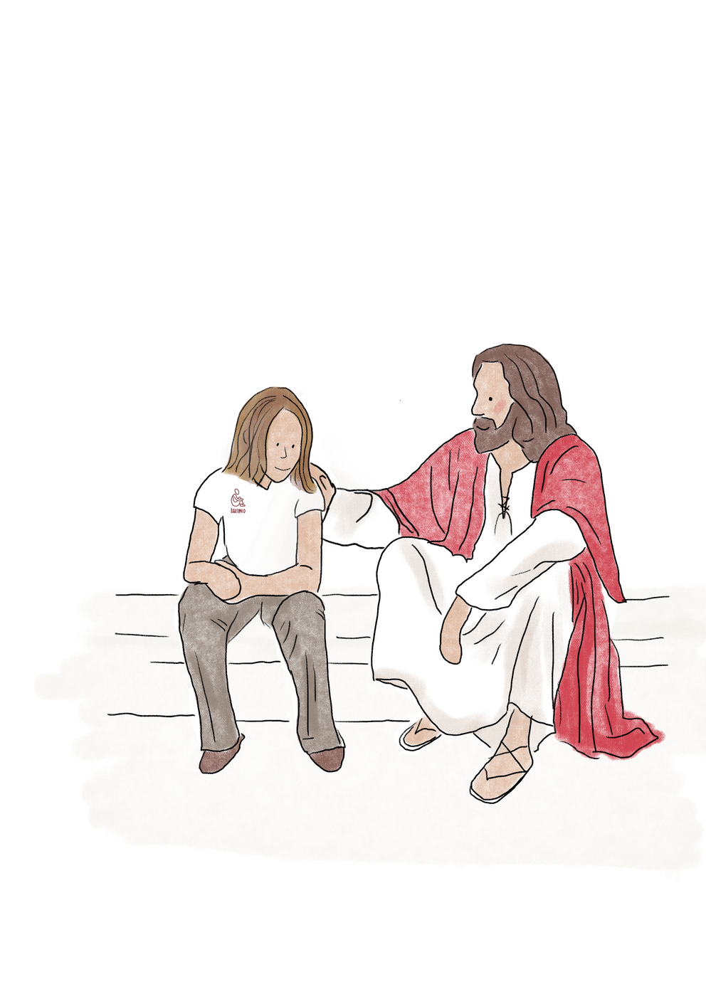 Acuarela de Jesús sentado junto a una joven