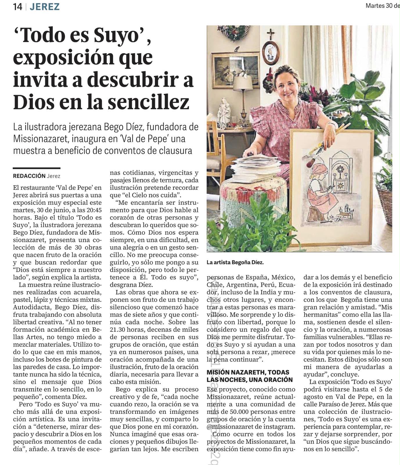 Página de periódico sobre la exposición Todo es Suyo de Bego Díez en Val de Pepe, a beneficio de conventos de clausura