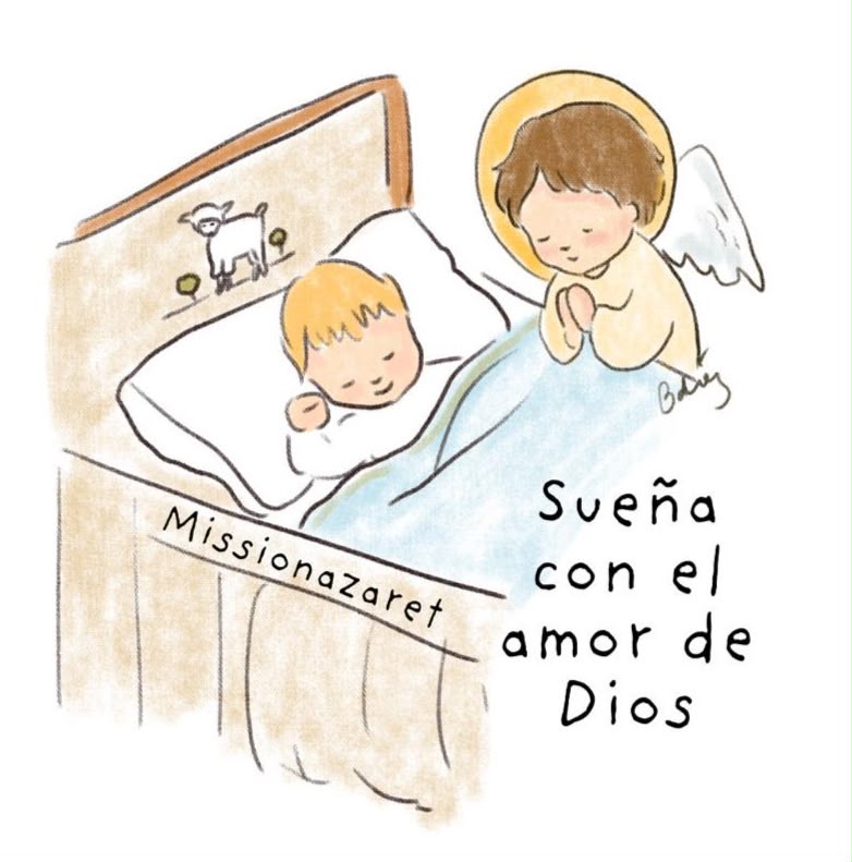 Acuarela de un ángel rezando junto a un niño dormido, con las palabras Sueña con el amor de Dios