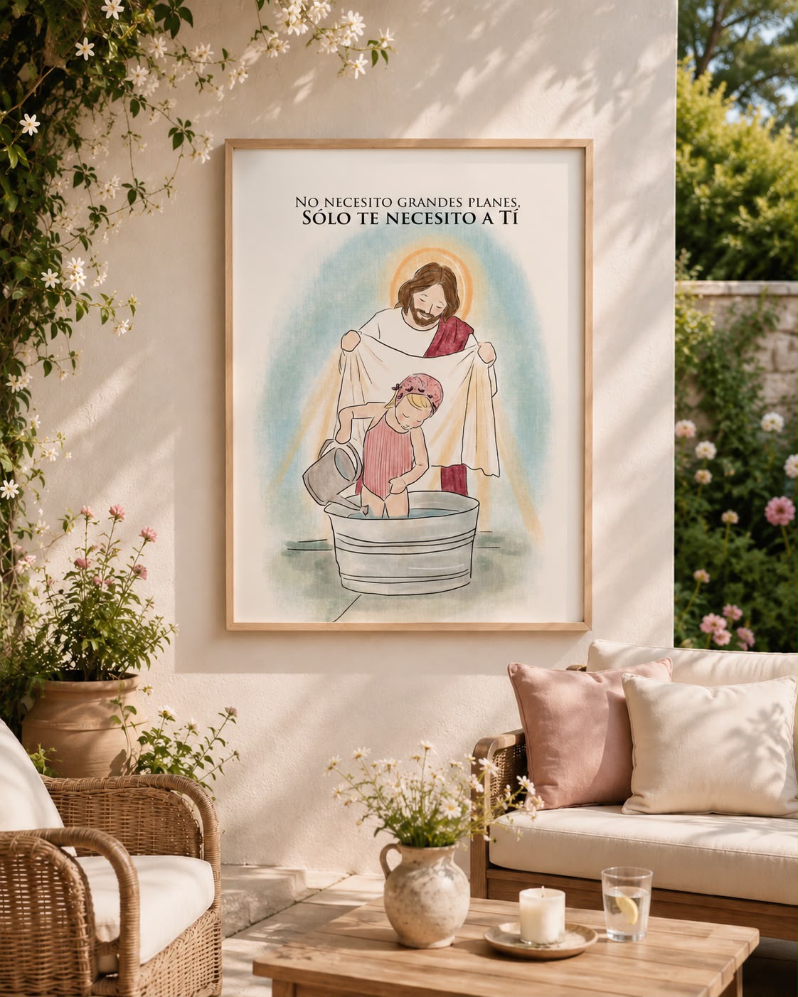 Imagen de una terraza con una acuarela enmarcada de Jesús acompañando a una mujer y las palabras No necesito grandes planes, sólo te necesito a Ti