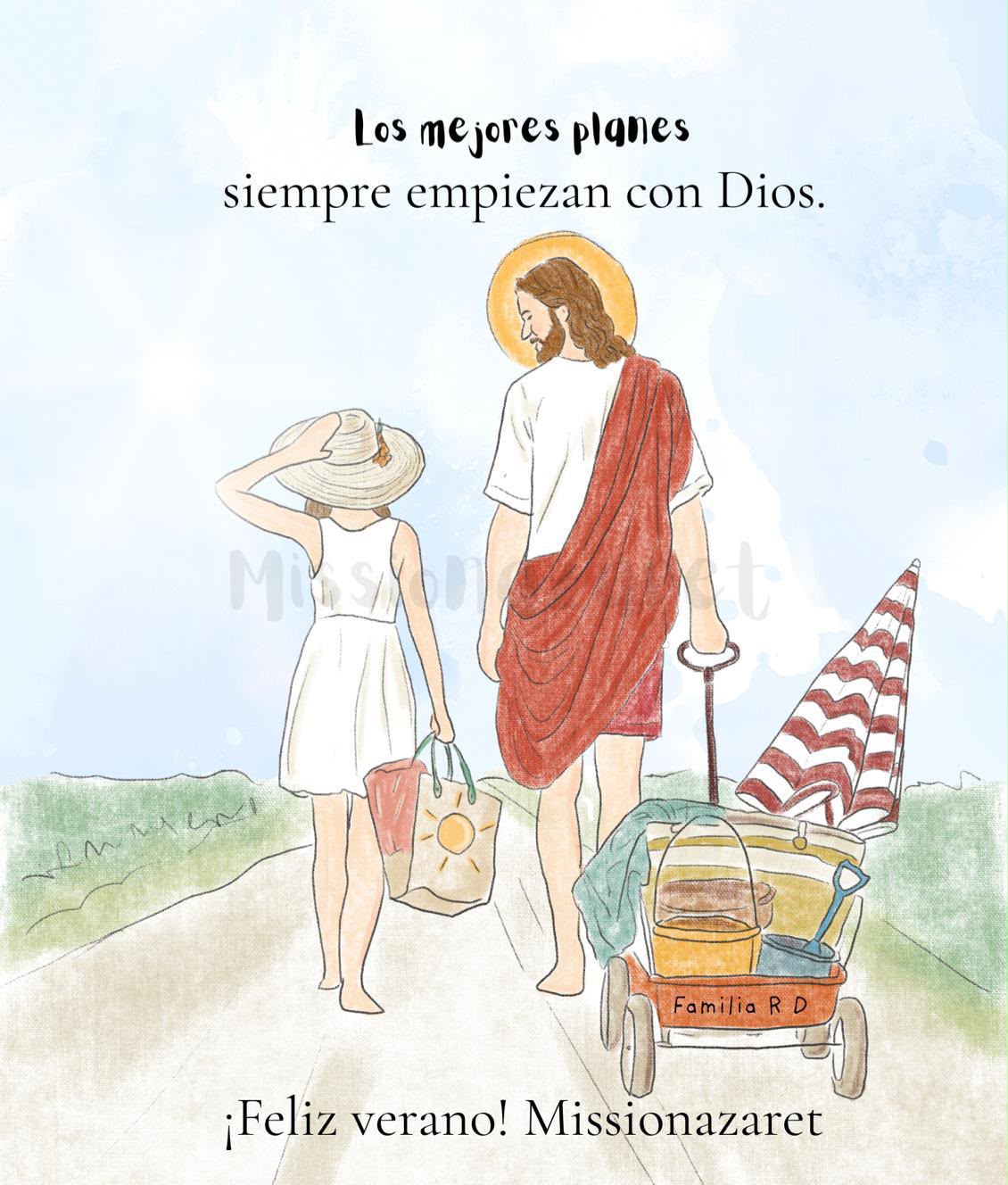 Acuarela de Jesús y una joven caminando hacia la playa con las palabras Los mejores planes siempre empiezan con Dios