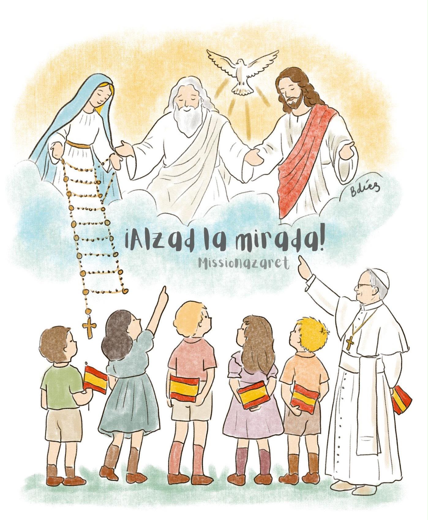 Acuarela de niños y un papa mirando hacia María y la Santísima Trinidad, con las palabras Alza la mirada