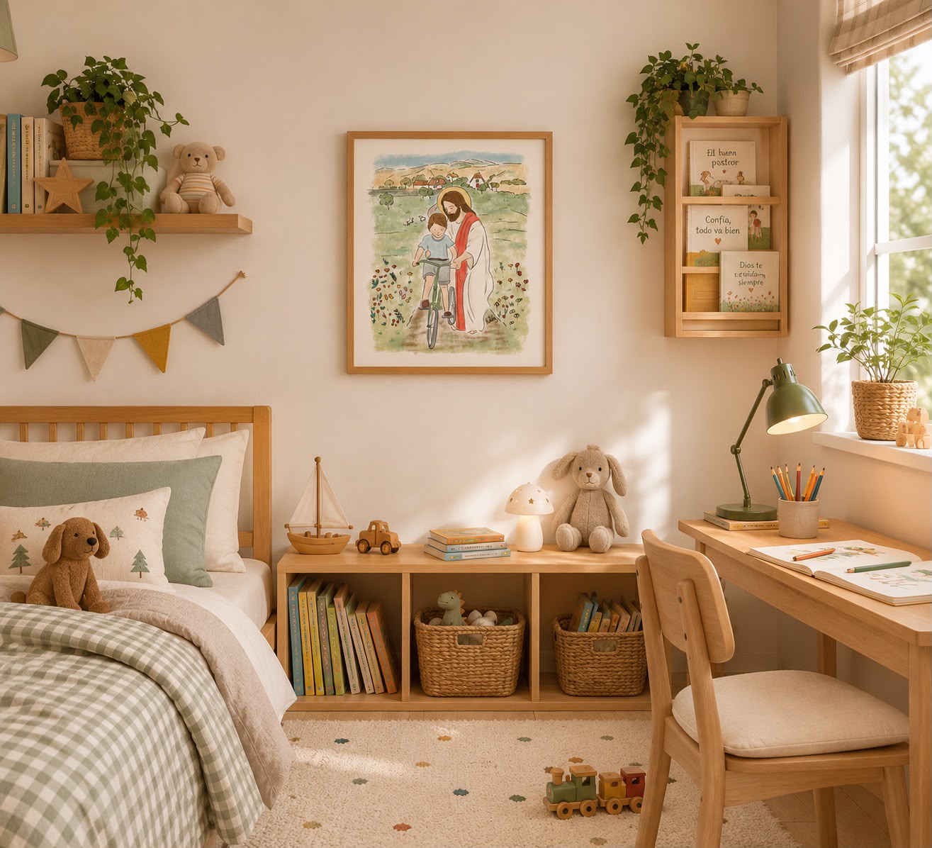 Imagen de un dormitorio infantil con una acuarela enmarcada de Jesús ayudando a un niño a montar en bicicleta