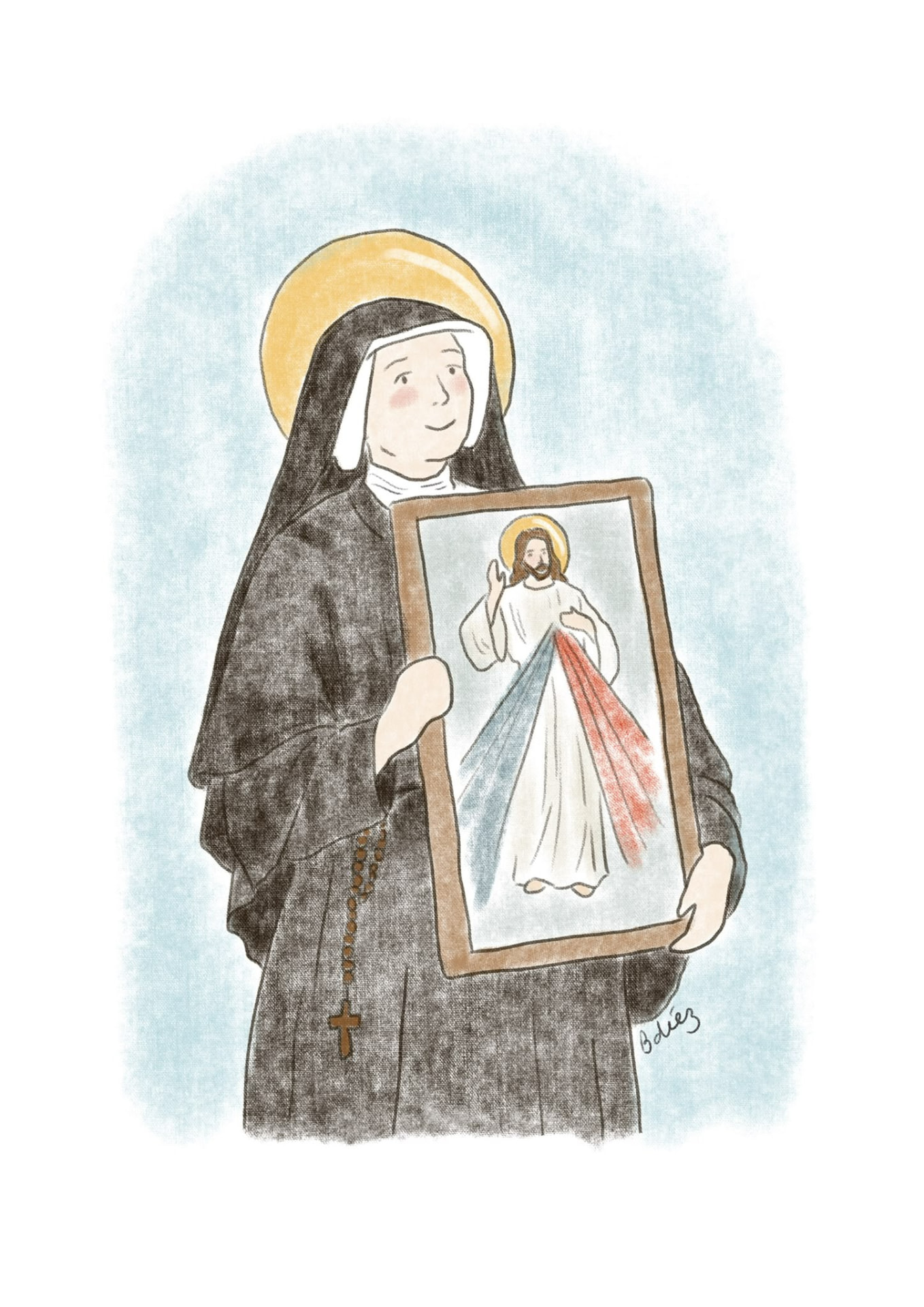 Acuarela de una santa religiosa sosteniendo una imagen de Jesús de la Divina Misericordia