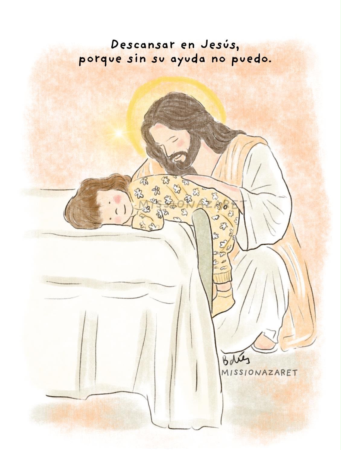 Acuarela de Jesús cuidando a una joven que descansa, con las palabras Descansar en Jesús, porque sin su ayuda no puedo