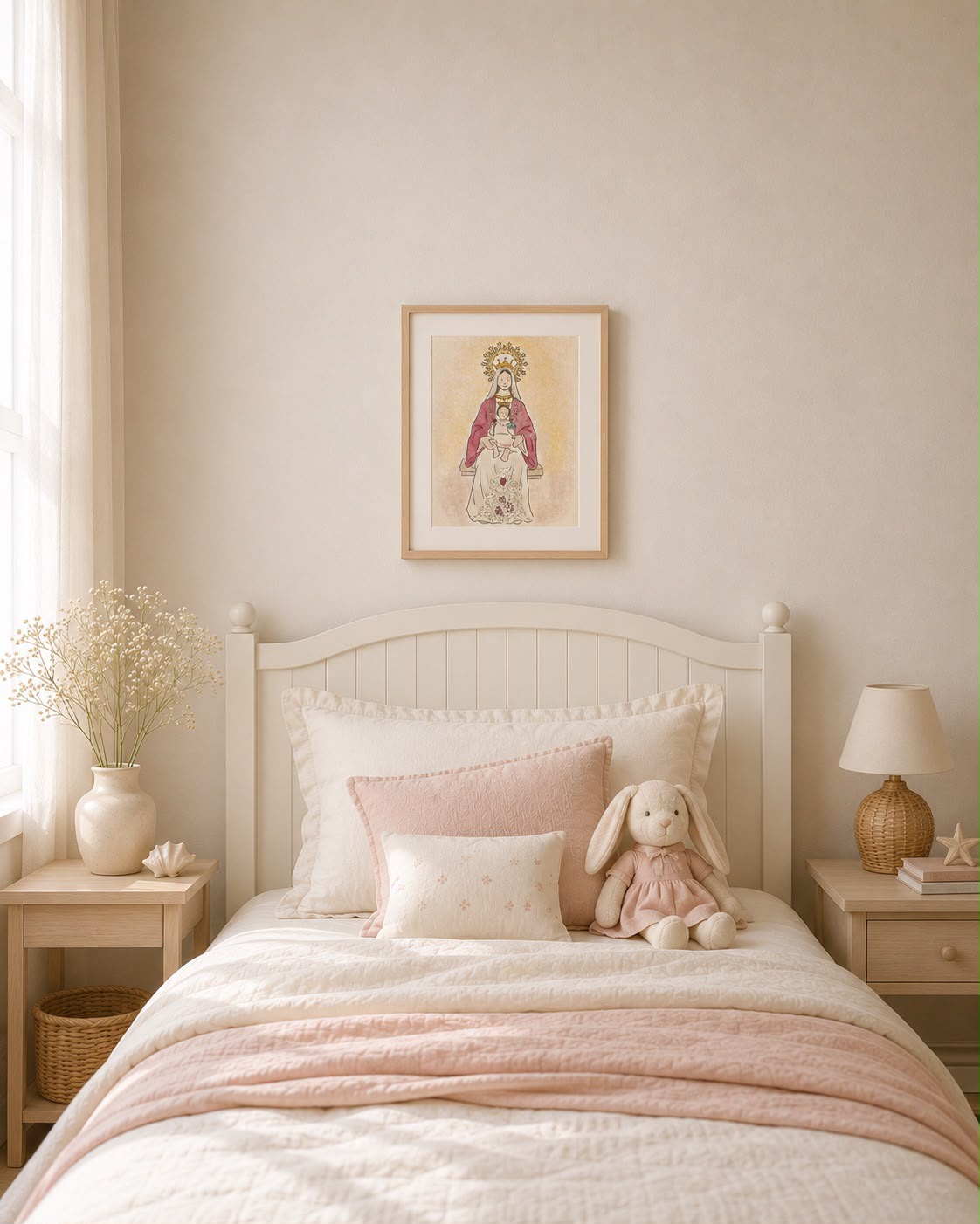 Imagen de un dormitorio infantil con una acuarela enmarcada de la Virgen sobre la cama