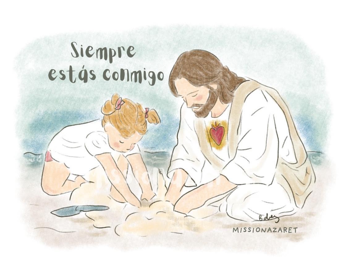 Acuarela de Jesús y una niña jugando juntos en la arena, con las palabras Siempre estás conmigo