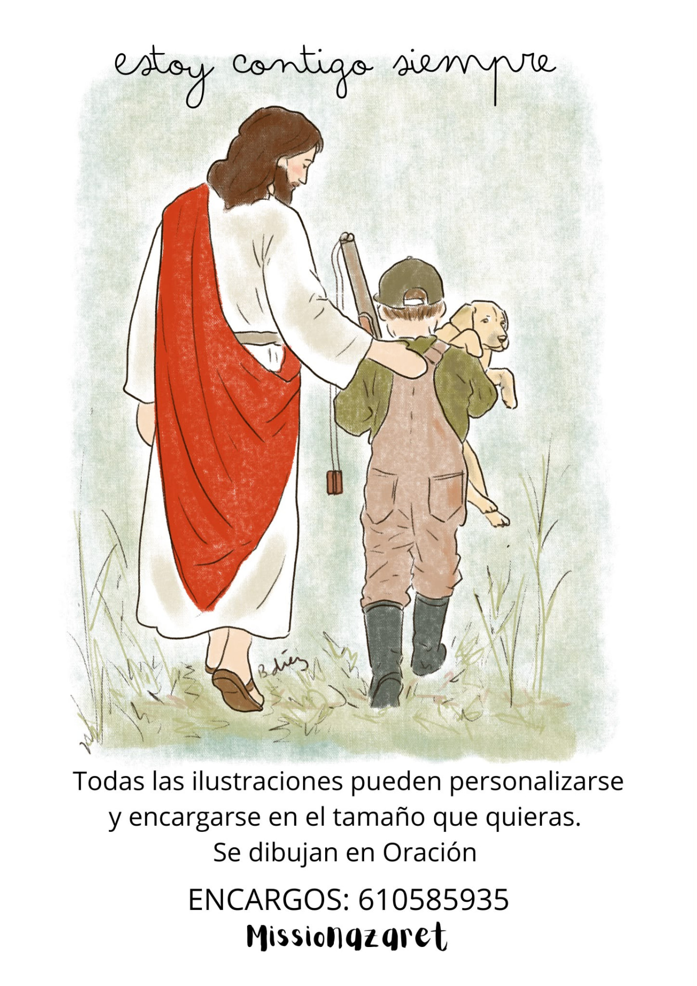 Acuarela de Jesús acompañando a un cazador y su perro, con información sobre dibujos personalizados hechos en oración